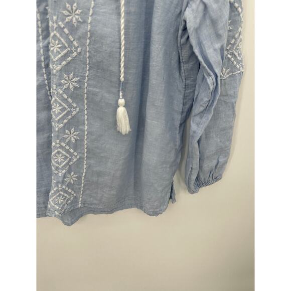 Joie Flowy Linen Embroidered Tassled Blouse Blue Costal Boho Women Size Small - Picture 3 of 7
